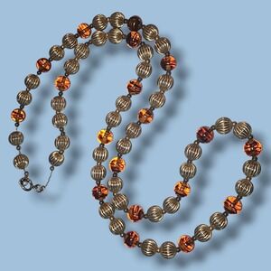 Vintage Amber Glass Bead Necklace Gold Tone Ribbed Ball Beads 30" Retro Jewelry‎
